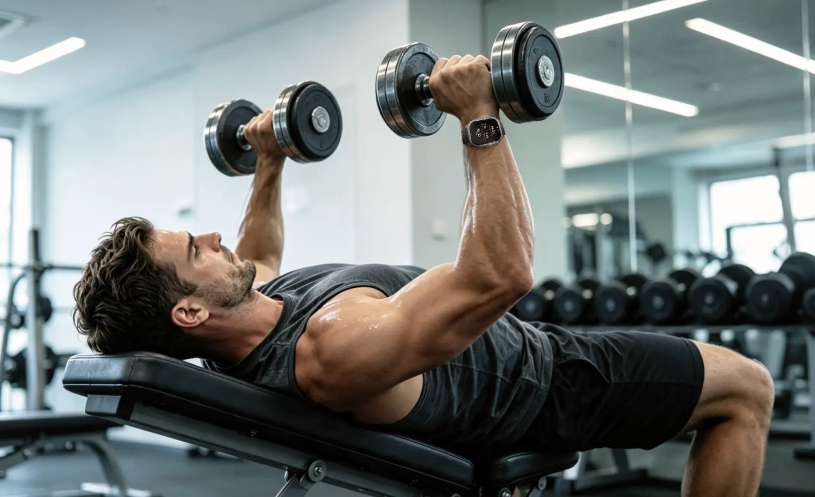 Athlete wearing a KOSPET smartwatch during a dumbbell workout | KOSPET Smartwatch