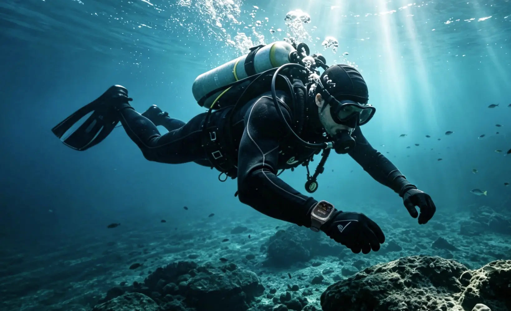 Scuba diver wearing a KOSPET smartwatch underwater | KOSPET Smartwatch