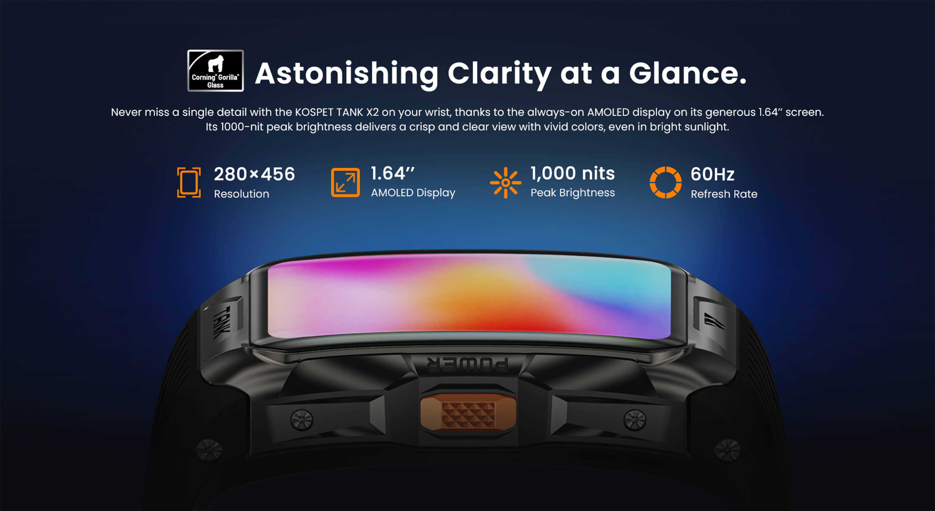 RUGGED TANK X2 Smartwatch Smartband with always-on AMOLED display on its generous 1.64" screen.