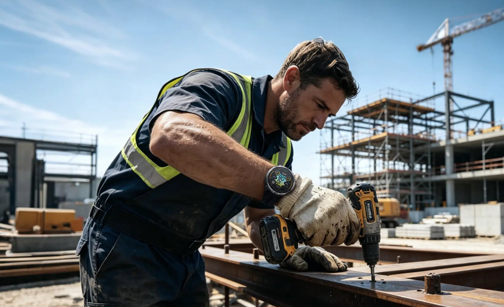 Construction worker wearing a KOSPET Durable smartwatch while using a power drill | KOSPET Smartwatch