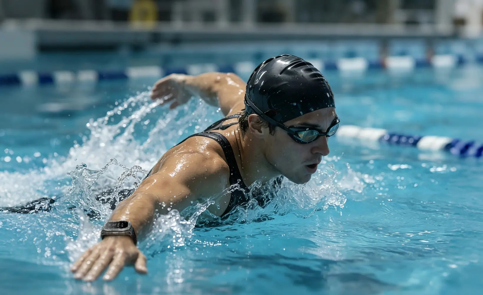 Swimmer wearing a KOSPET Waterproof smartwatch during pool training | KOSPET Smartwatch