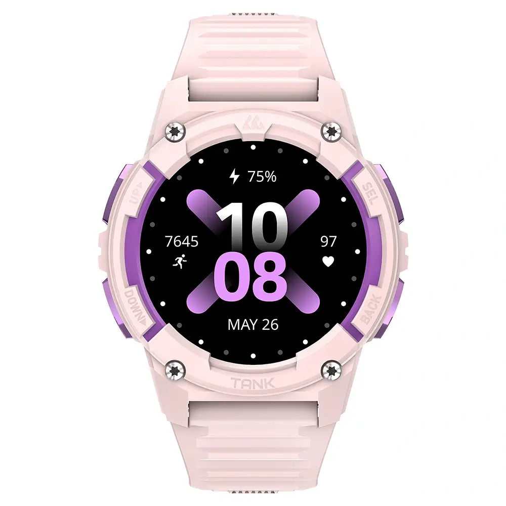 Front view of KOSPET TANK S2 Smartwatch with rugged design on white background-Pink